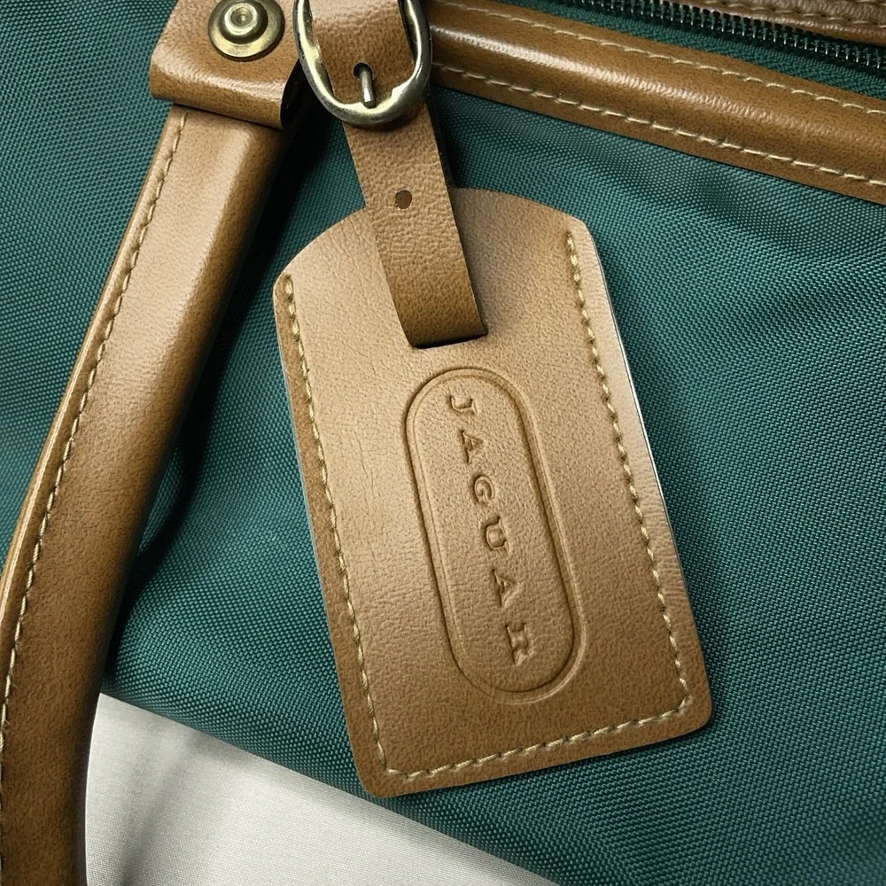 Vintage Jaguar Canvas Leather Duffle Bag Green Medium Large 90s Travel Luggage